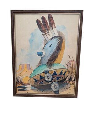 Southwestern Watercolor Painting by Jim Wilson Pottery Feathers Framed Art